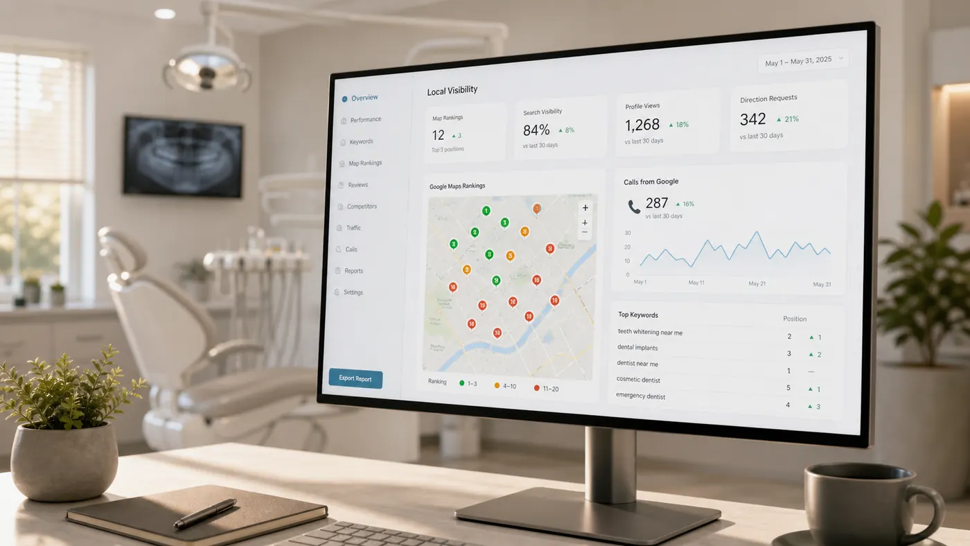 Panel lokalnego SEO z mapami i wynikami dla gabinetu